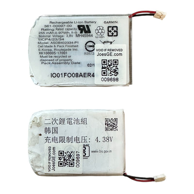 Original Garmin replacement battery part (361-00097-00) compatible with Fenix 6, Fenix 6 Pro, Fenix 7, and Fenix 7 Pro smartwatches, shown as a small rectangular component with attached connector cable.