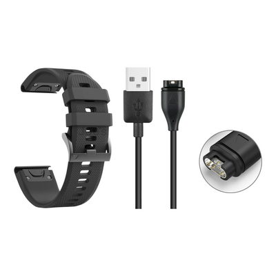 Garmin Fenix 5X / 5X Plus / 6X Replacement Wristband + Charger Cable Bundle (Black)