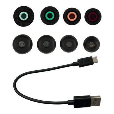 Sony WF-1000XM5 memory foam ear tips in black with four sizes, bundled with an 8.75-inch Sony USB-C charging cable, premium replacement accessories from JoesGE