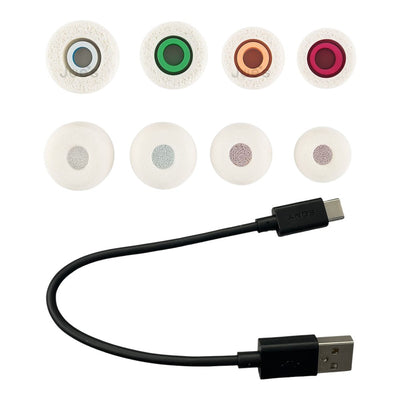 Sony WF-1000XM5 memory foam ear tips in gray with four sizes, bundled with an 8.75-inch Sony USB-C charging cable, premium replacement accessories from JoesGE
