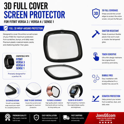 3D full cover screen protector for Fitbit Versa 3/4/Sense 1 with features listed.