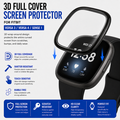 Fitbit Versa 3 Sense Versa 4 3D Curved Screen Protector 2 Pack Plastic Film Replacement Parts