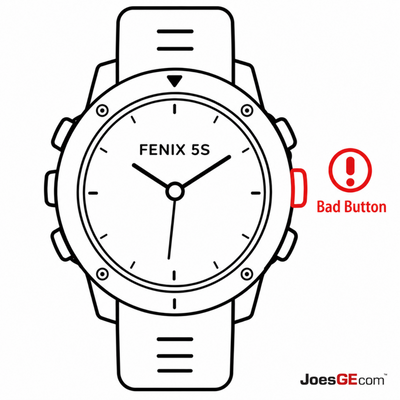 Garmin Fenix 5S watch with a broken side button requiring professional button repair and replacement service.