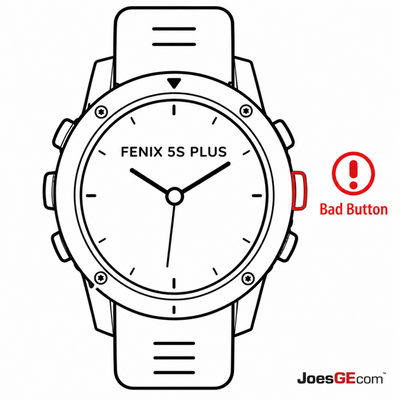 Garmin Fenix 5S Plus watch with a broken side button requiring professional button repair and replacement service.