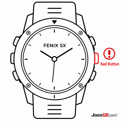 Garmin Fenix 5X watch with a broken side button requiring professional button repair and replacement service.