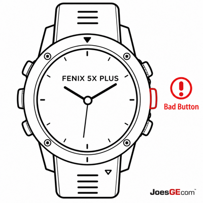 Garmin Fenix 5X Plus watch with a broken side button requiring professional button repair and replacement service.