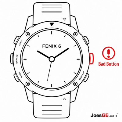 Garmin Fenix 6 watch with a broken side button requiring professional button repair and replacement service.