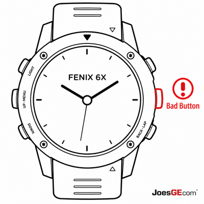 Garmin Fenix 6X watch with a broken side button requiring professional button repair and replacement service.
