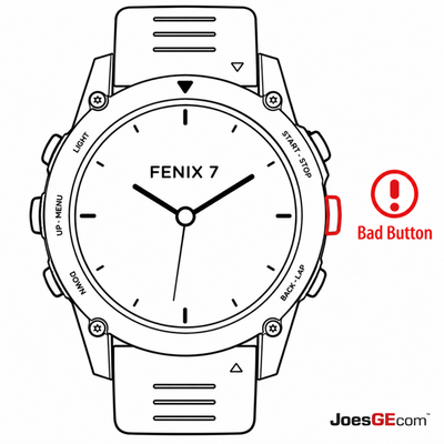 Garmin Fenix 7 watch with a broken side button requiring professional button repair and replacement service.