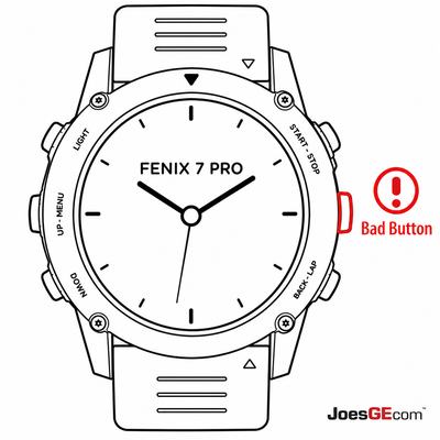Garmin Fenix 7 Pro watch with a broken side button requiring professional button repair and replacement service.