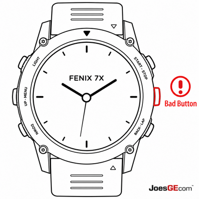 Garmin Fenix 7X watch with a broken side button requiring professional button repair and replacement service.