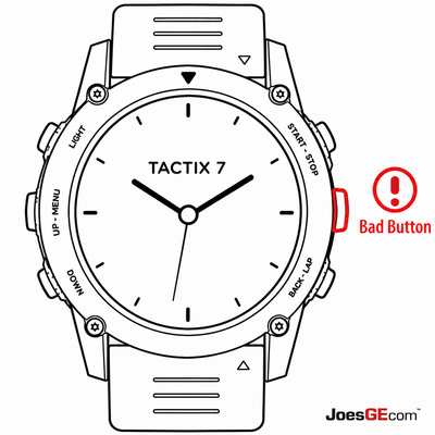 Garmin tactix 7 watch with a broken side button requiring professional button repair and replacement service.
