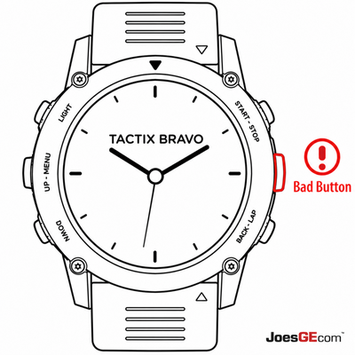 Garmin tactix Bravo watch with a broken side button requiring professional button repair and replacement service.