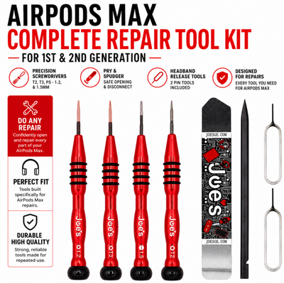 Joe's Airpods Max Complete Repair Tool Kit featuring five red and black precision screwdrivers, a pry tool, a headband release tool, a black and red pen-like tool, and two metal loop tools, displayed on a white background with red and black text callouts.