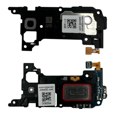 Genuine OEM Samsung Galaxy S24 Plus SM-S926 earpiece speaker assembly shown front and back, Grade A condition, replacement part for muffled or no audio during calls